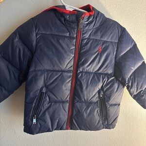 Stylish Navy Blue Kids Puffer Jacket with Red Details